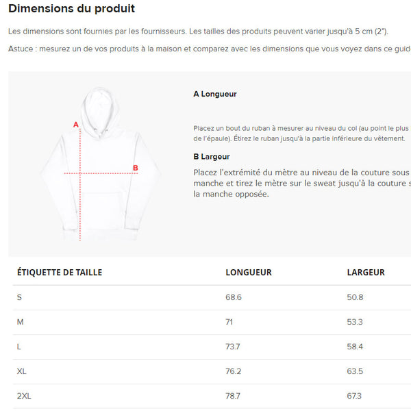 dimensions du sweatshirt